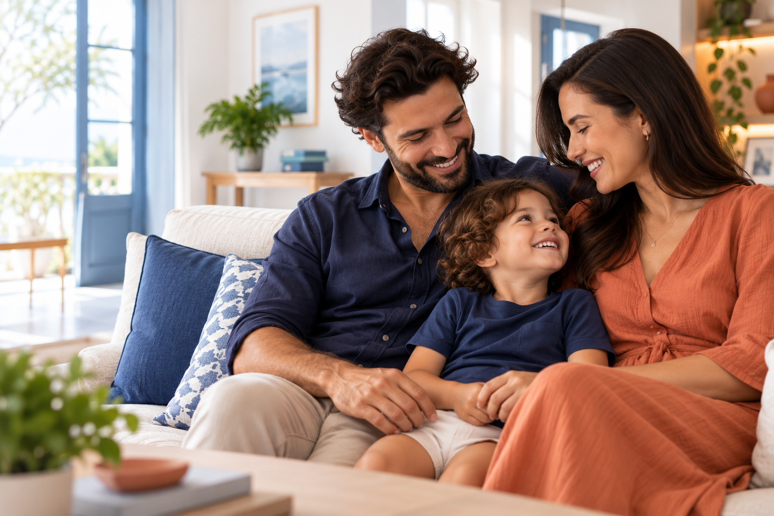 Família com pai, mãe e criança sentados no sofá